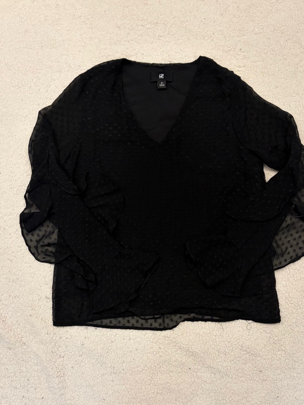 Byer Black Swiss Dot Ruffle Sleeve Blouse (Size Medium)